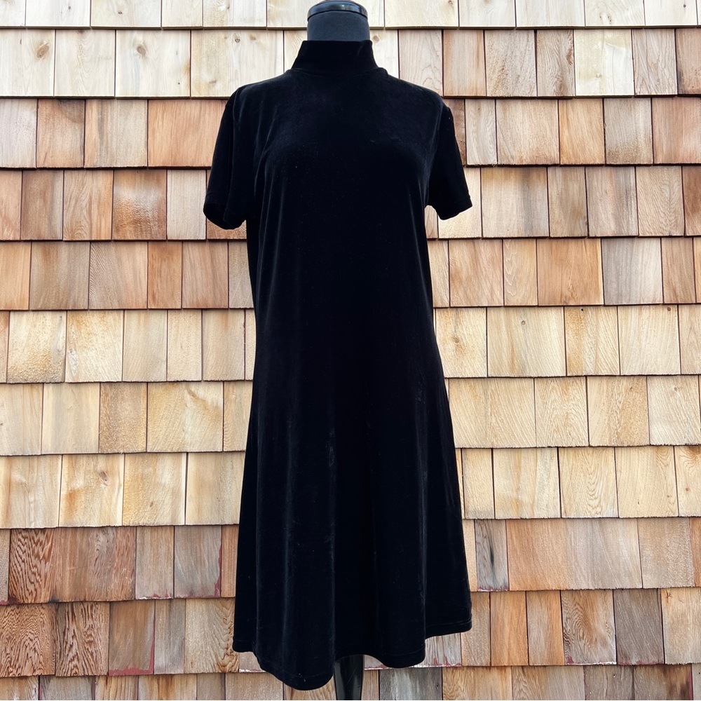 VTG 90s Jacqueline Ferrar Black Velvet Mock neck T-Shirt Mini Dress, 6